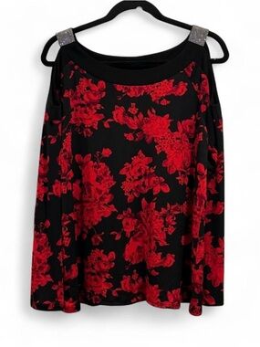 Black Cold-Shoulder Tunic with Red Floral Print and Embellished Straps